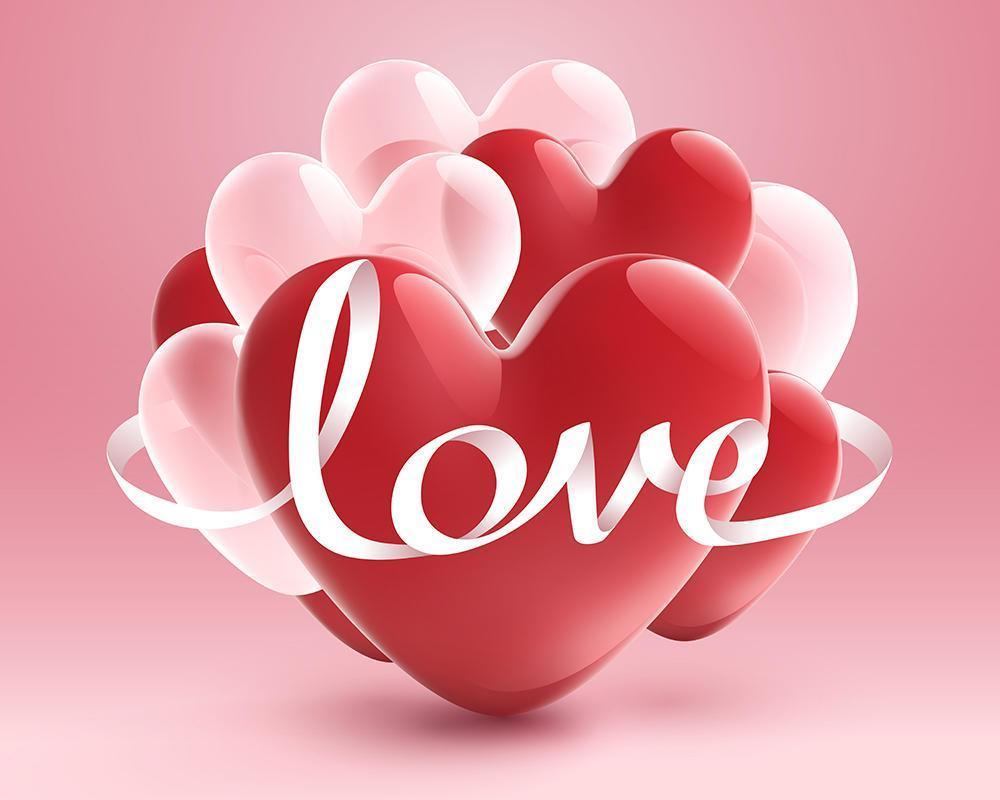 White ribbon of Love with red heart and white transparent balloon on pink background