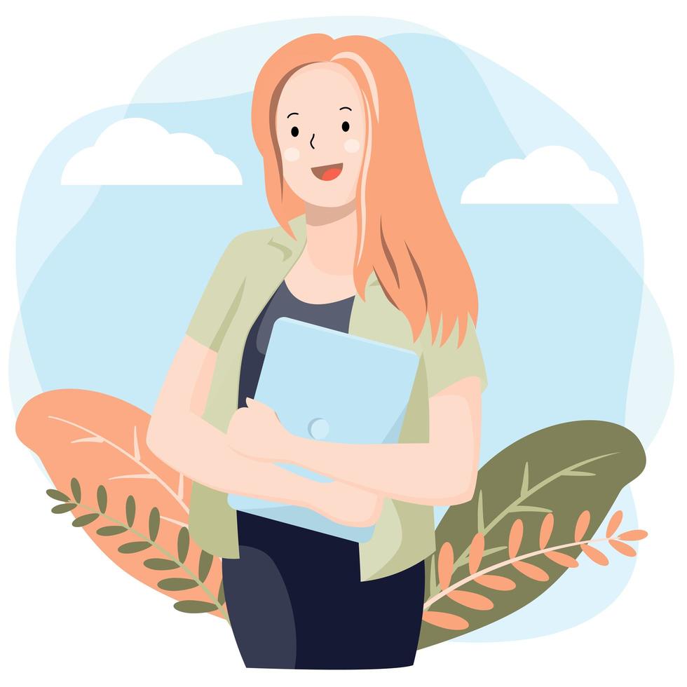young woman holding laptop in front of sky and foliage vector