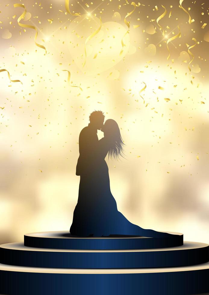 silueta de una novia y el novio en un podio iluminado con confeti vector