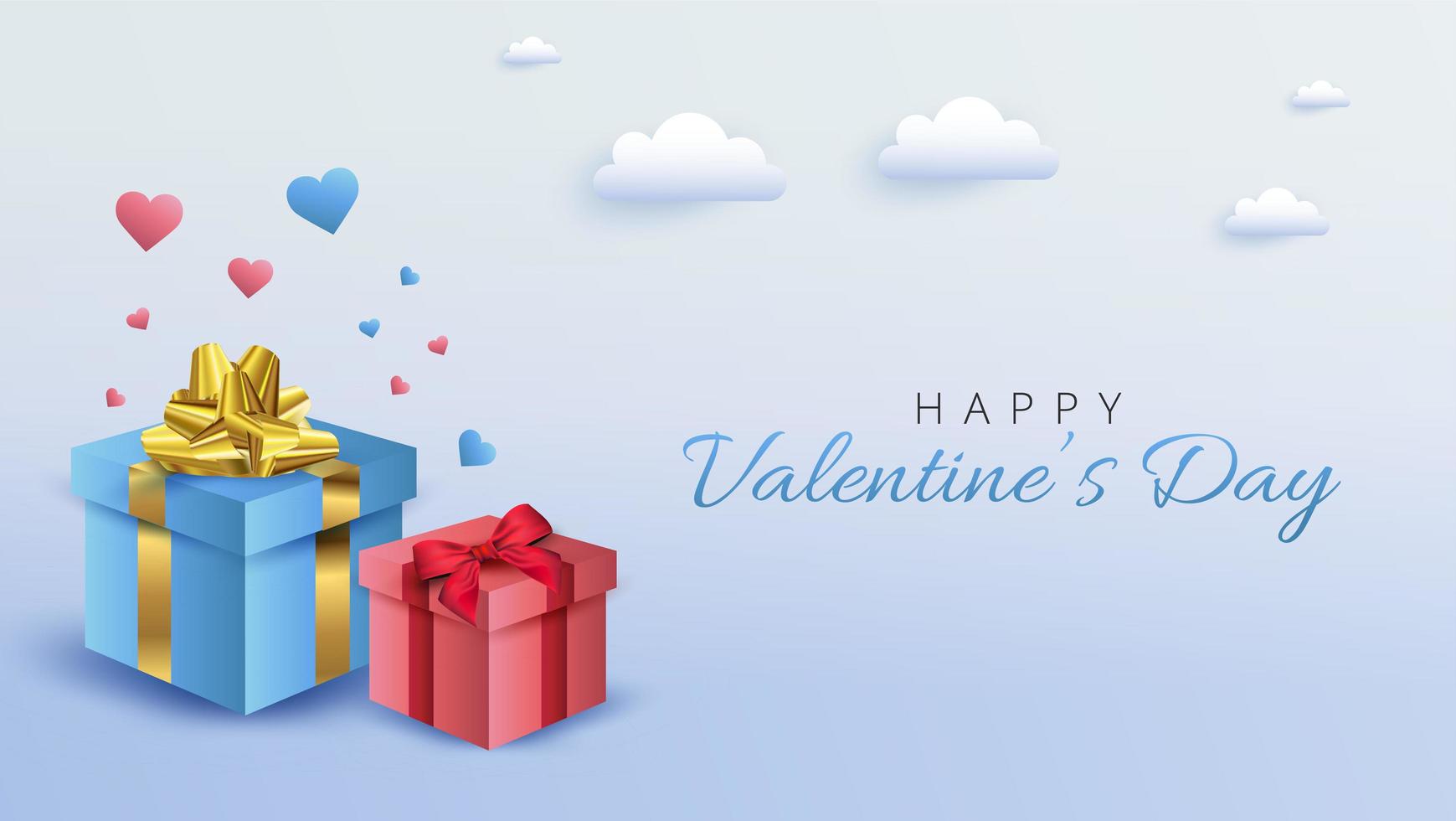 Diseño de banner de San Valentín con cajas de regalo sobre fondo azul suave vector