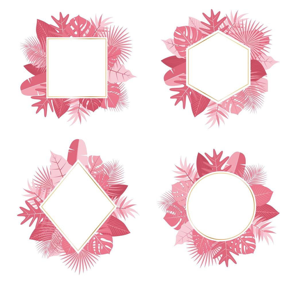 Colección de exóticos diseños botánicos marcos de hojas rosadas tropicales vector