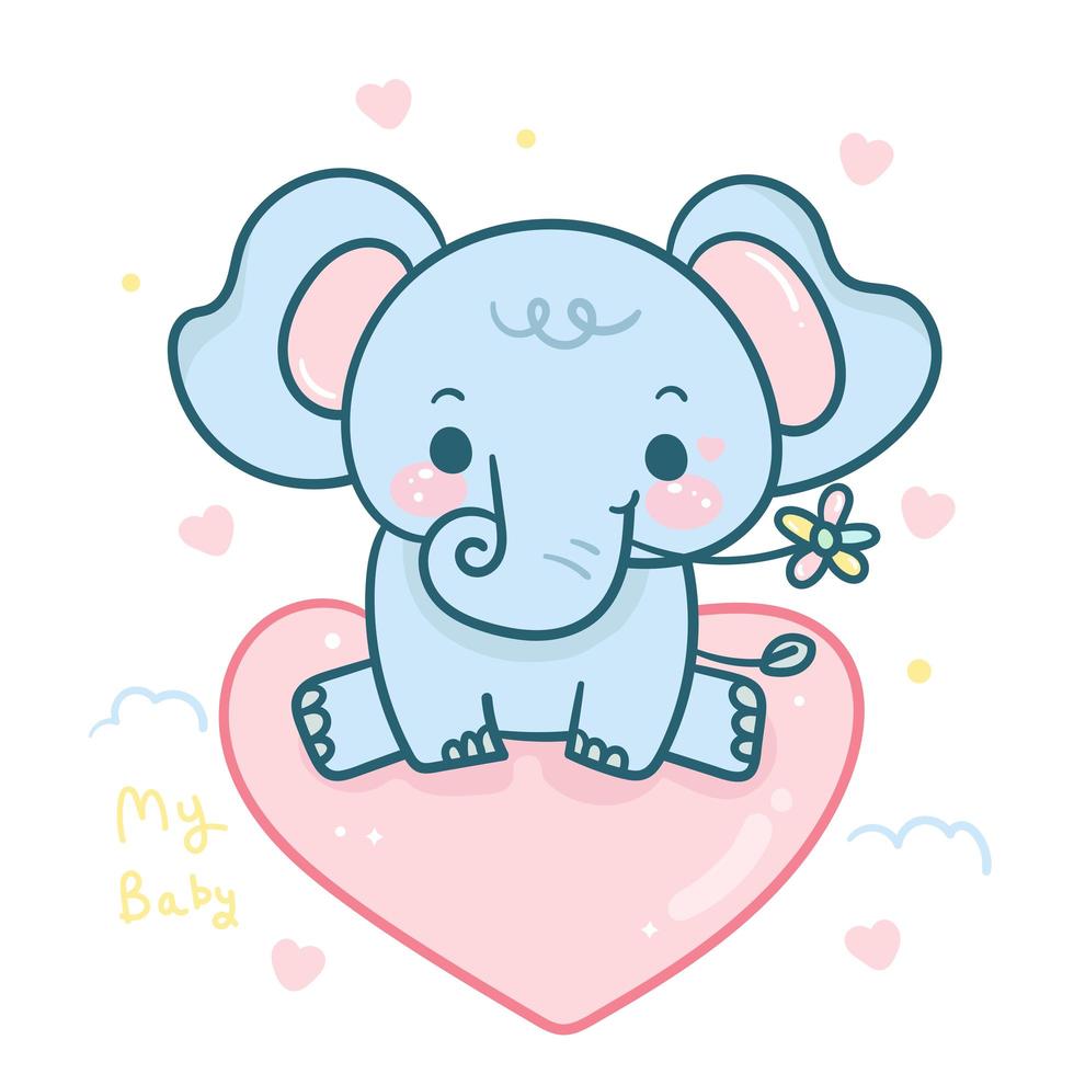 Bebé elefante de dibujos animados con flor sentada en globo de amor vector