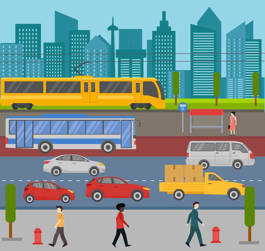 Cityscape with Busy Traffic and Pedestrians on The Sidewalk vector