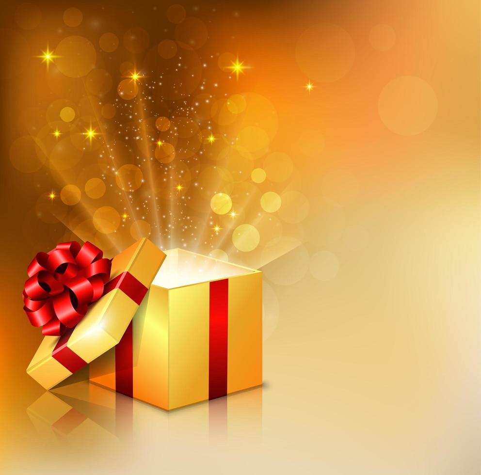 Opened sqaure gift box with bright rays of light vector
