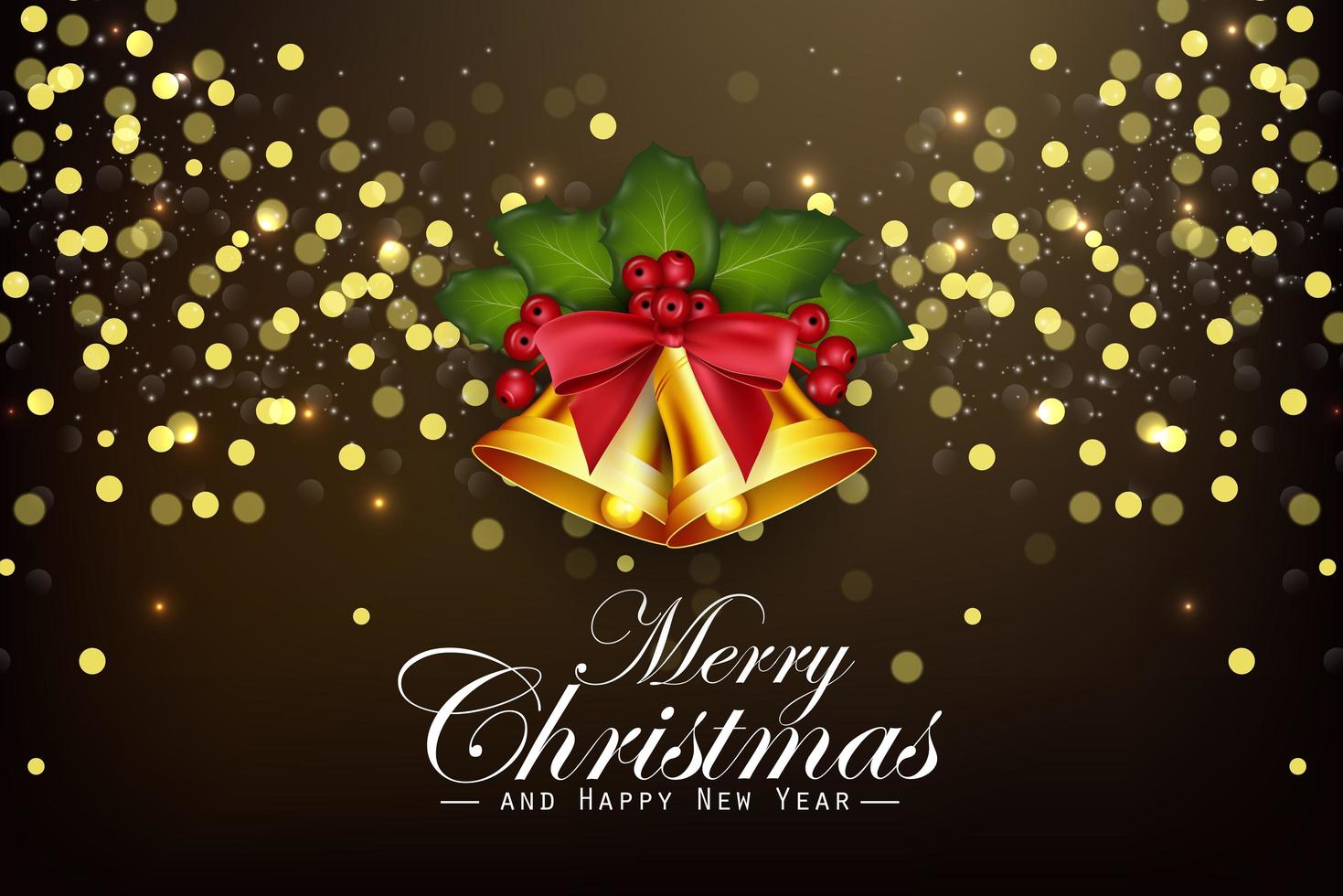 Christmas background golden bells and holly berries vector