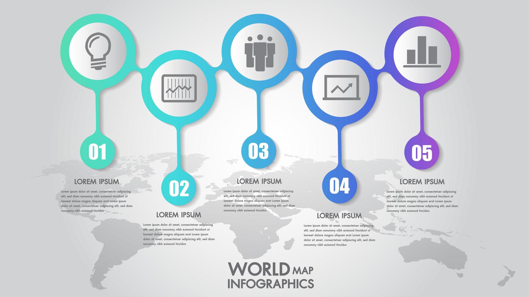 World map business infographics 5 step options vector illustration