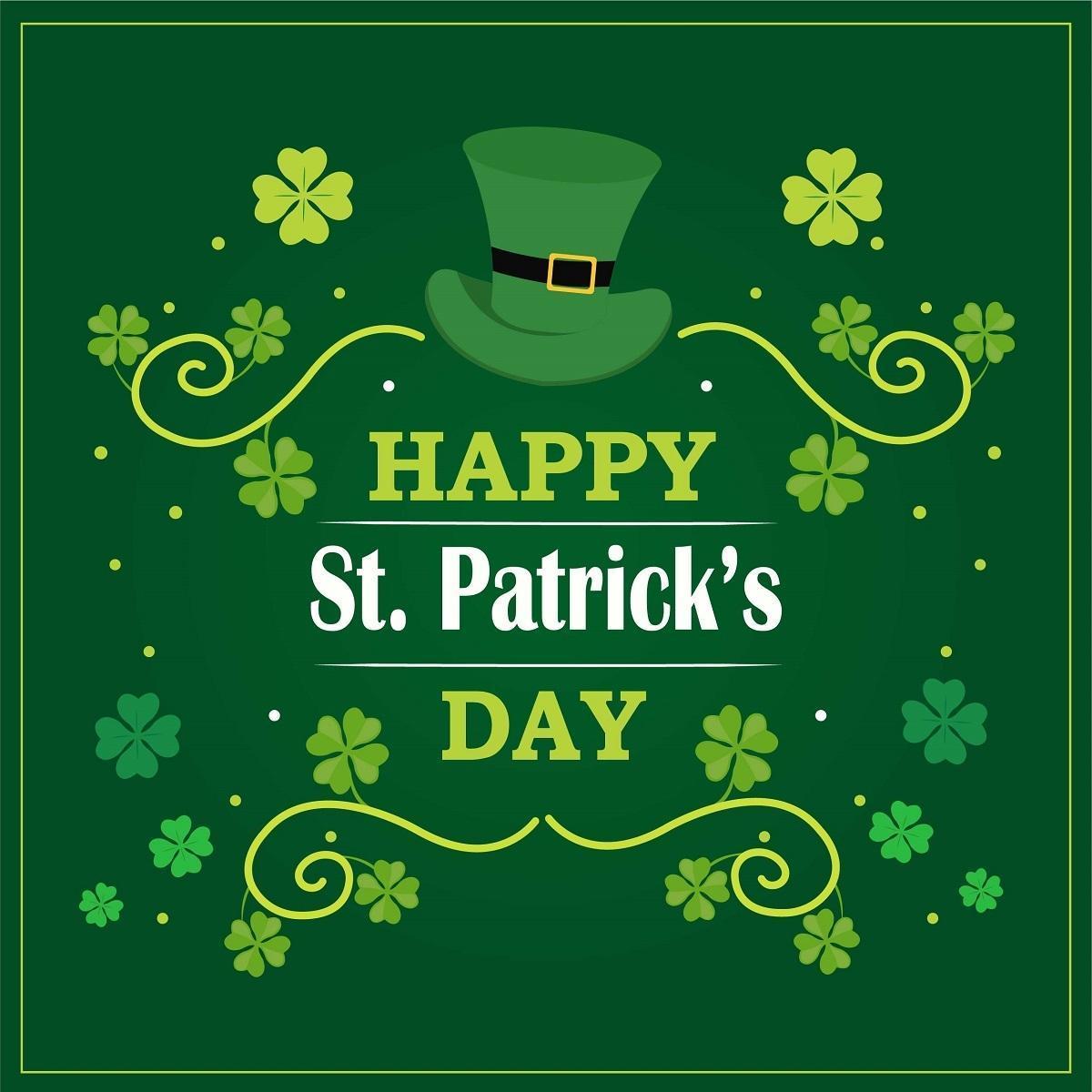 Happy saint patrick day greeting with shamrock leaf and hats on green. 