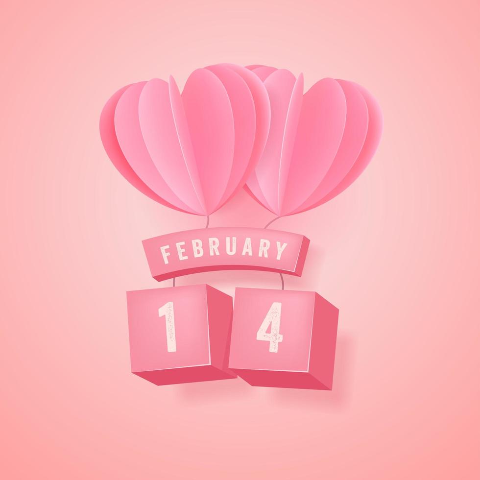 14 de febrero, festival del día de San Valentín y globo de corazón rosa sobre fondo rosa. vector