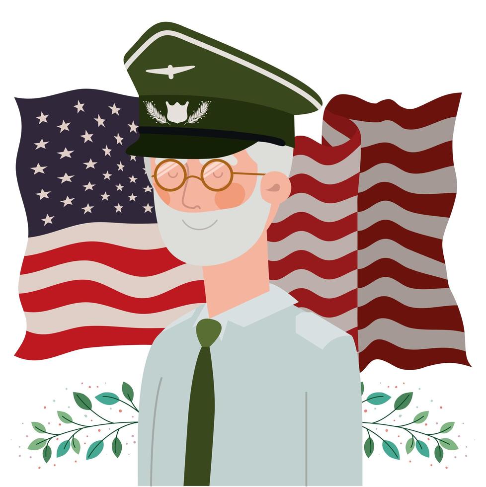 memorial day card with veteran and usa flag vector