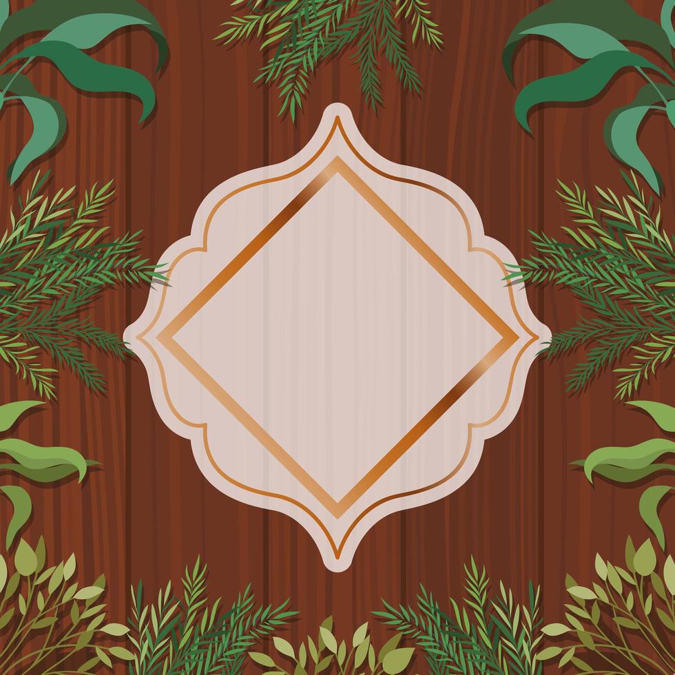 golden geometric frame with herbal and wooden background vector