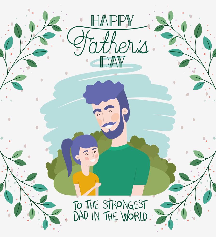 feliz tarjeta del día del padre con follaje y papá e hija vector