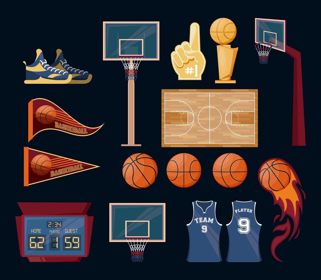 Conjunto de elementos de deporte de baloncesto vector