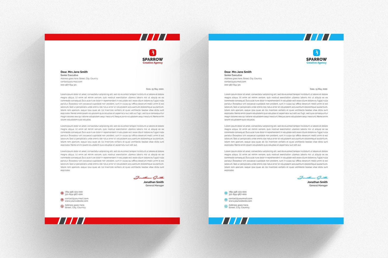 White letterhead template set with blue and red borders vector