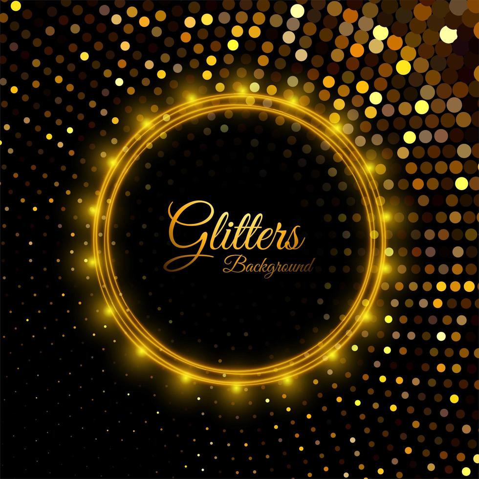 Shiny golden circular frame and glitters on black background vector