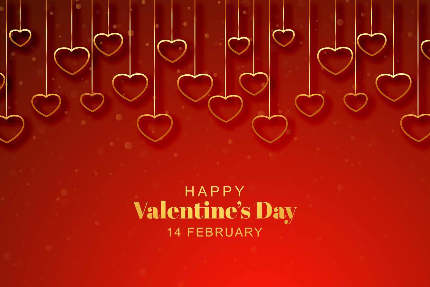 Golden hanging hearts on red valentines day background vector