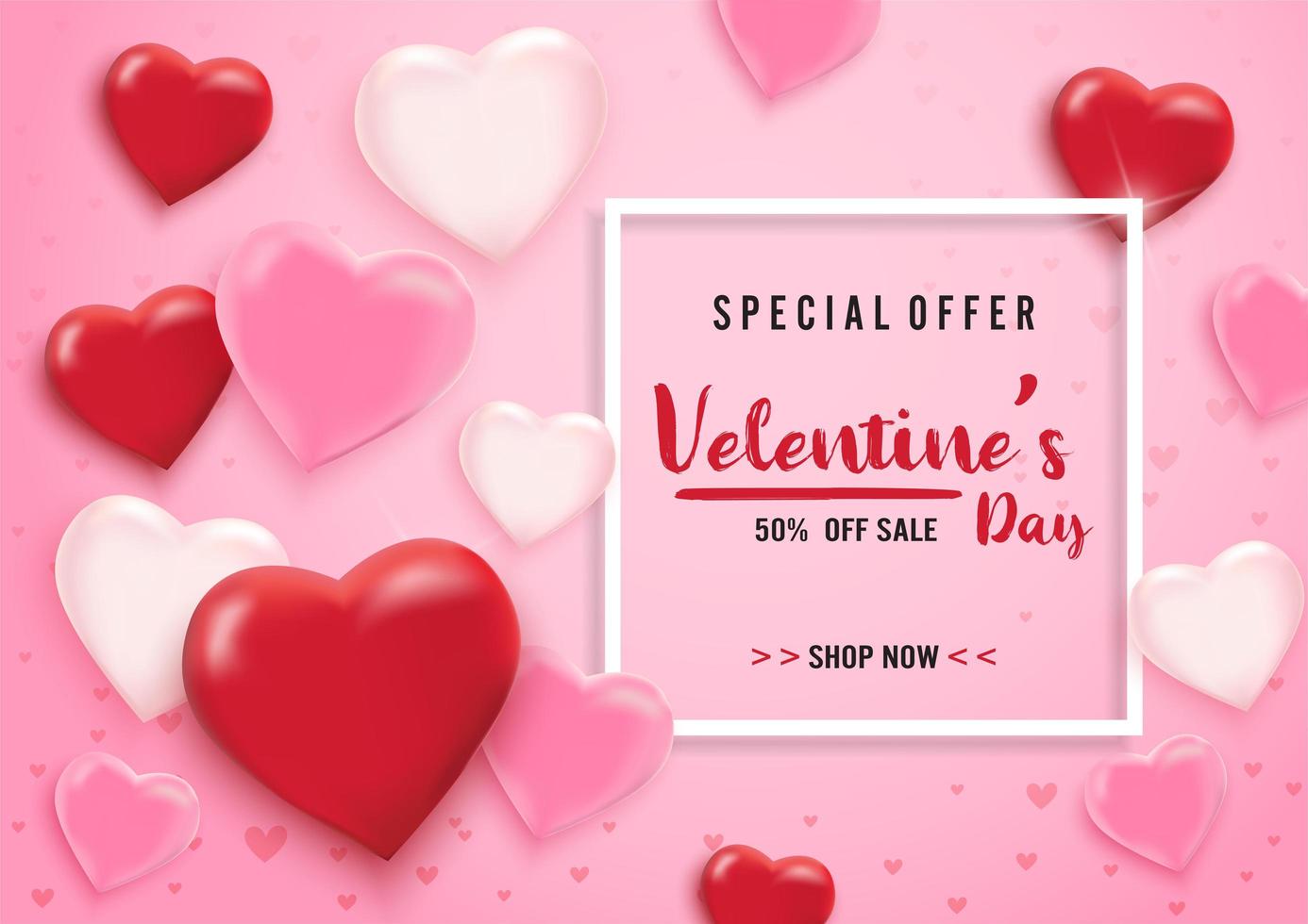 Valentines day sale background with balloon hearts and white frame vector