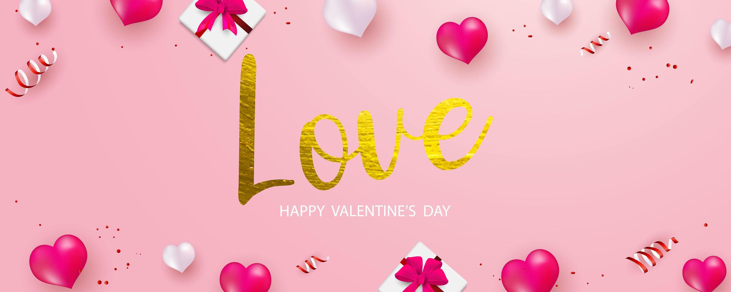 Valentine S Day Banner With Gold Love Text Gift Box Red Ribbons