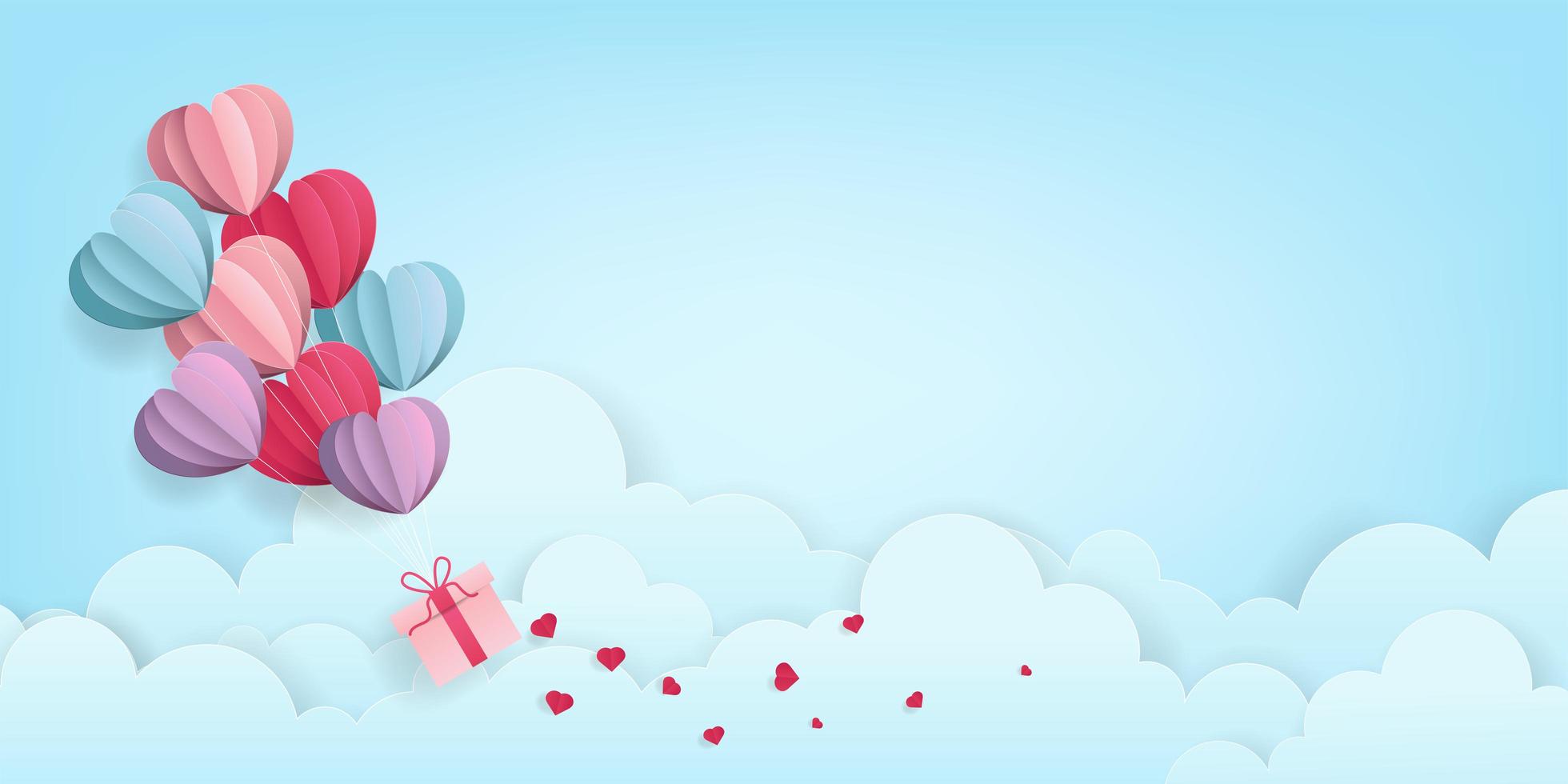 Globos de San Valentín con regalo sobre fondo de cielo vector