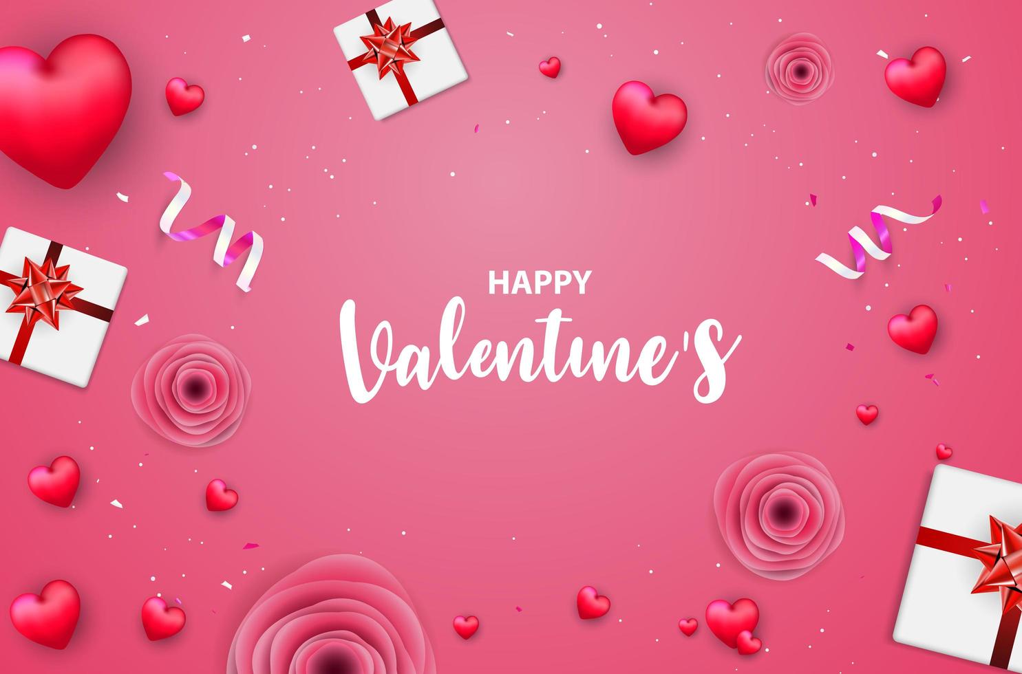 Pink Valentine's day banner with red hearts, roses, gift boxes and confetti vector