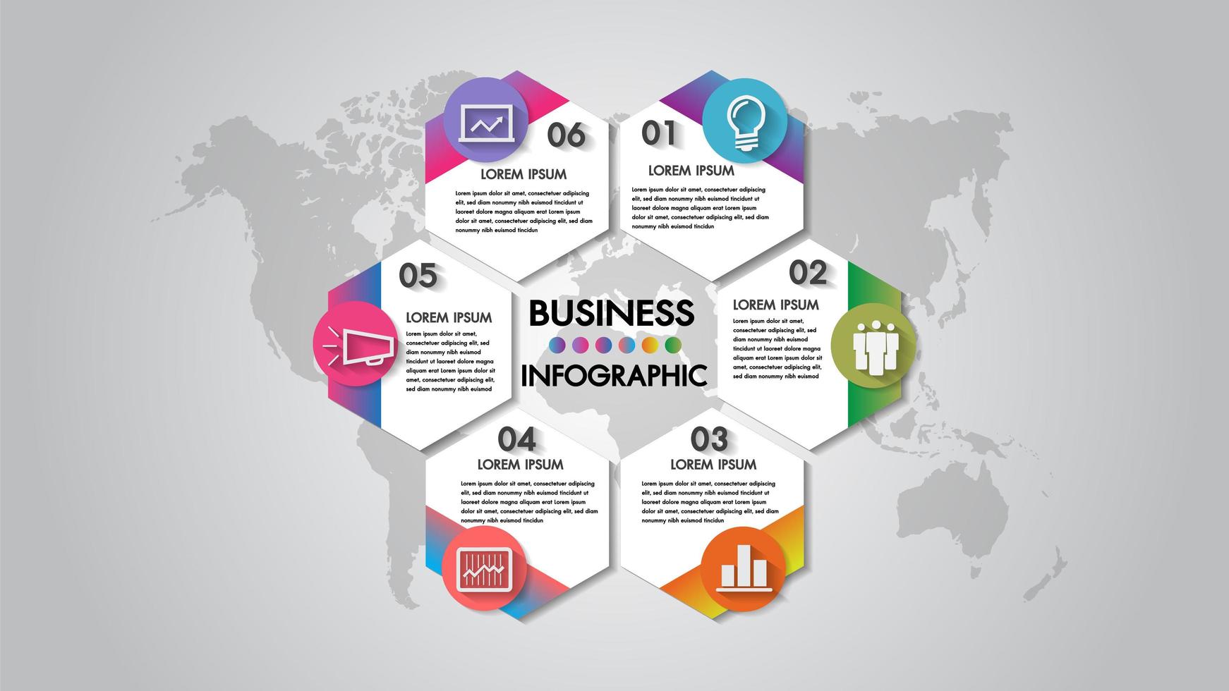 Diagrama de organización de ilustración de vector de negocio de 6 pasos de infografía