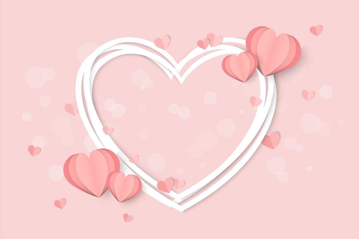 Valentines day pink with white heart frame and heart shapes vector