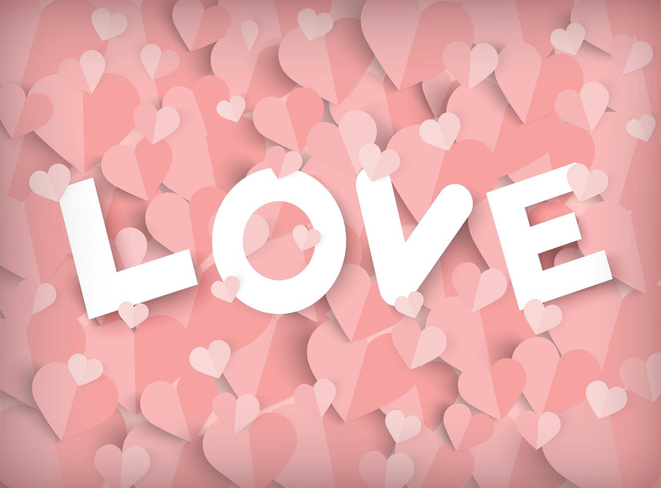 Valentines day pink background with paper cut hearts and Love text vector