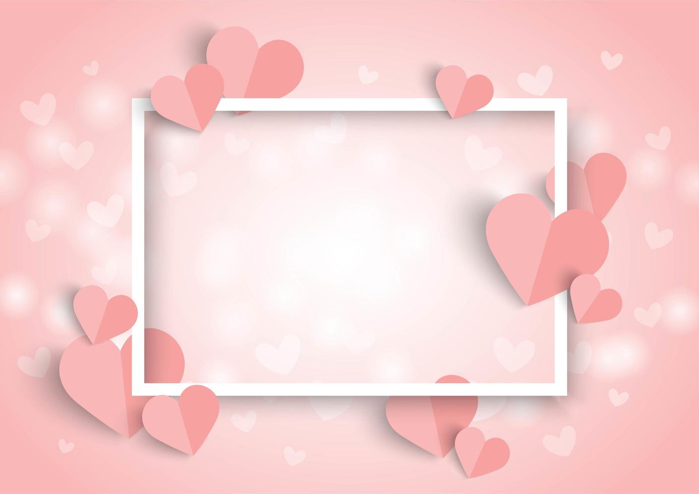 Valentines pink heart background, white frame and paper cut heart shape vector