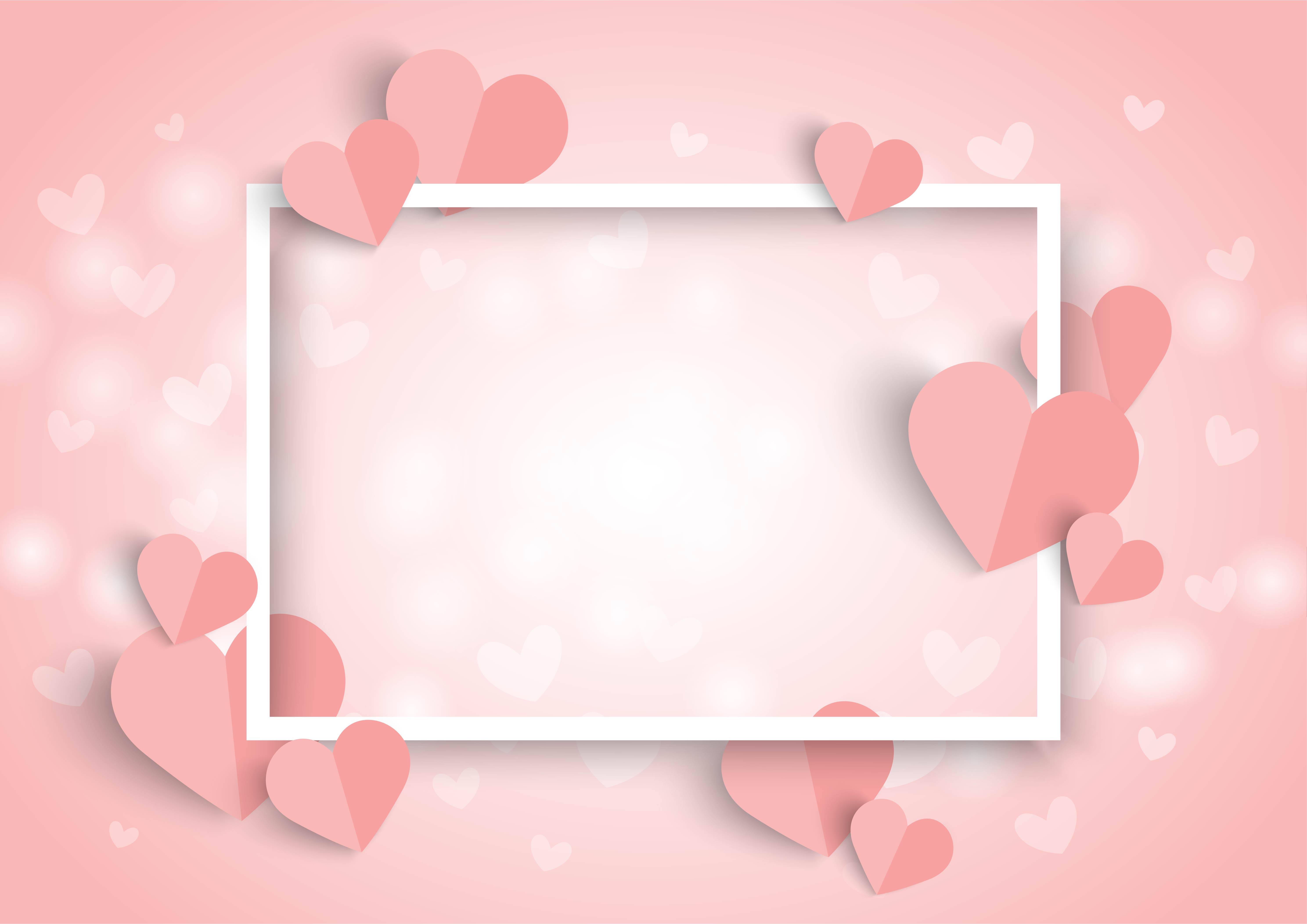 Valentines pink heart background, white frame and paper cut heart shape