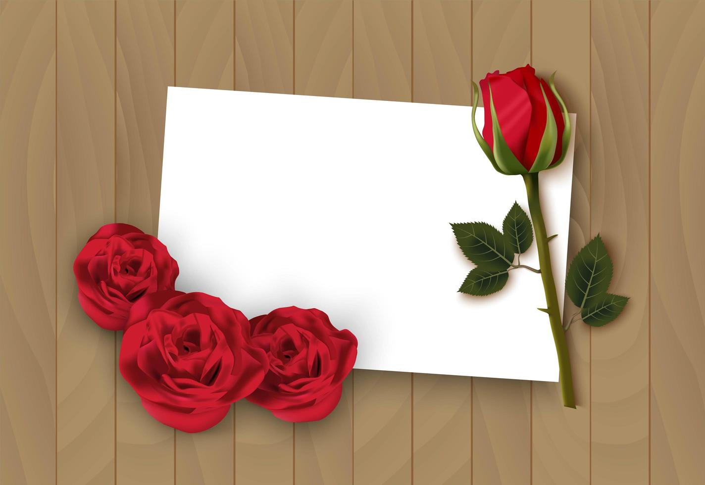 Valentines day wooden background with rose and white paper vector