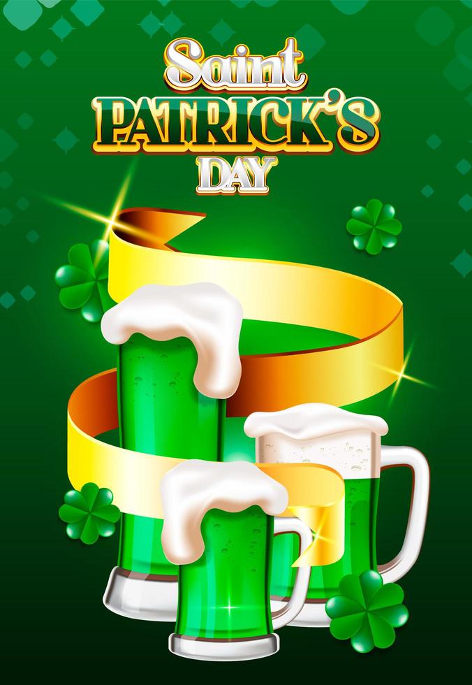 Saint Patrick's Day green beer and golder ribbon background vector