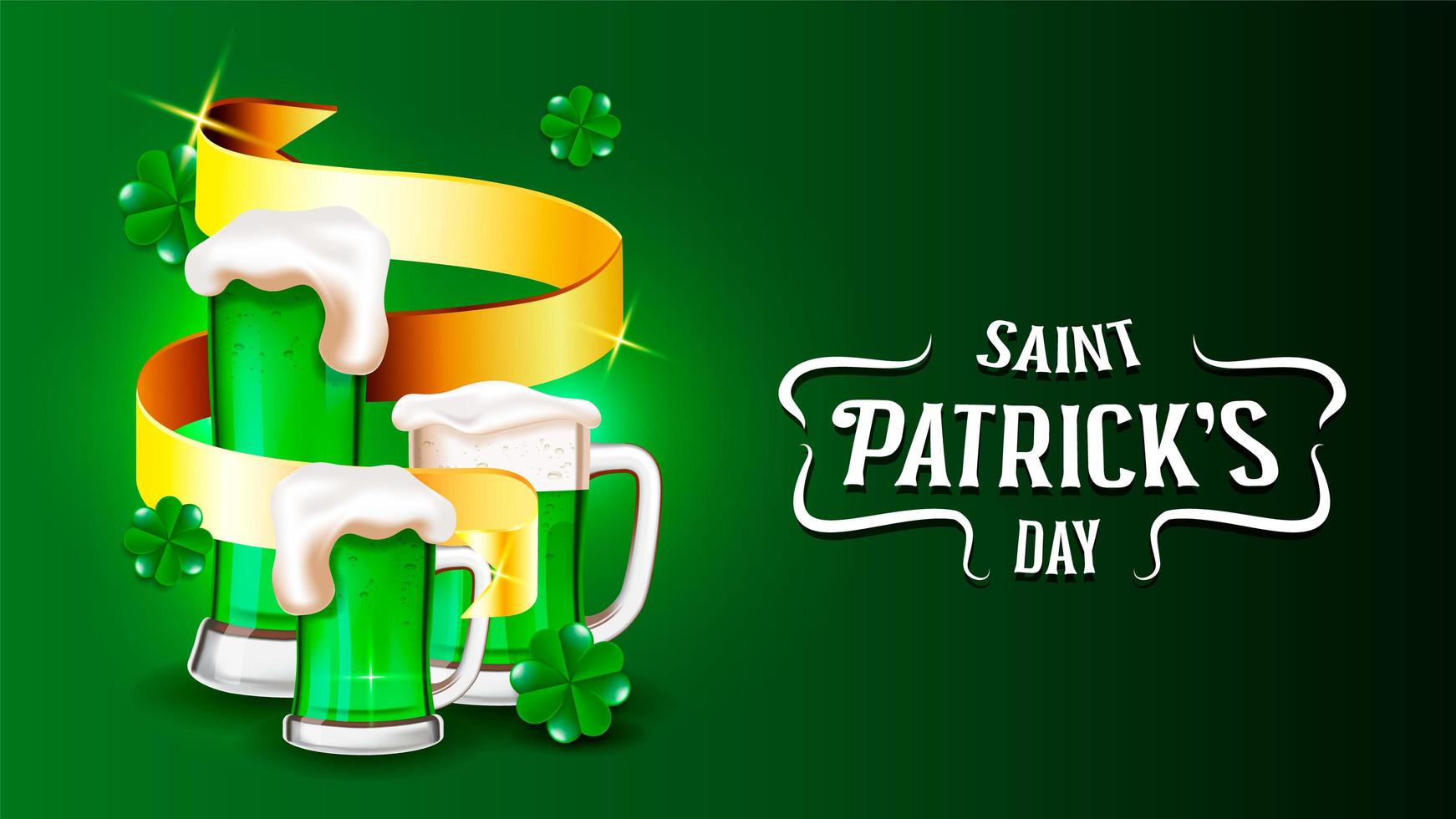 Día de San Patricio cervezas verdes, cinta dorada y tréboles en degradado verde vector