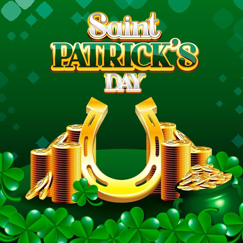 Saint Patrick's Day Stack of golden Coins and Lucky horseshoe with shamrocks vector