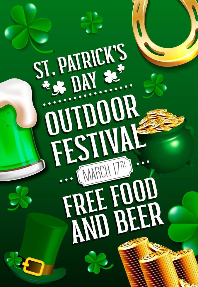 saint patrick's day poster with green beer, cauldron, horseshoe and coins vector