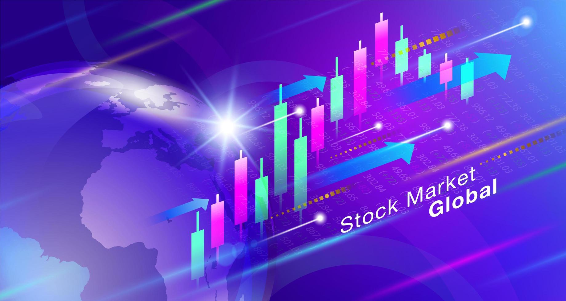 Colorful stock market design with arrows, candlestick chart and globe vector