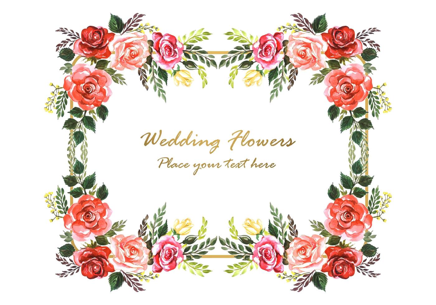 Invitación de boda flores decorativas y marco dorado con espacio para texto vector