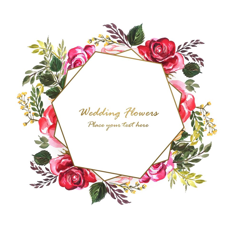 Wedding invitation with decorative flowers behind geometric frame vector