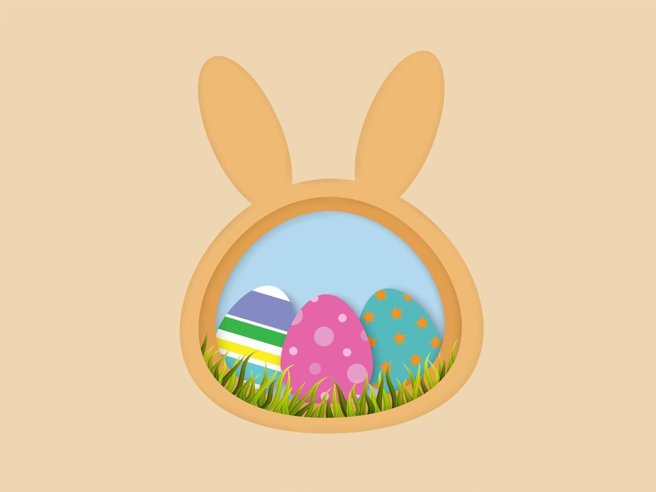 Paper cut style Easter eggs and grass in bunny shape frame