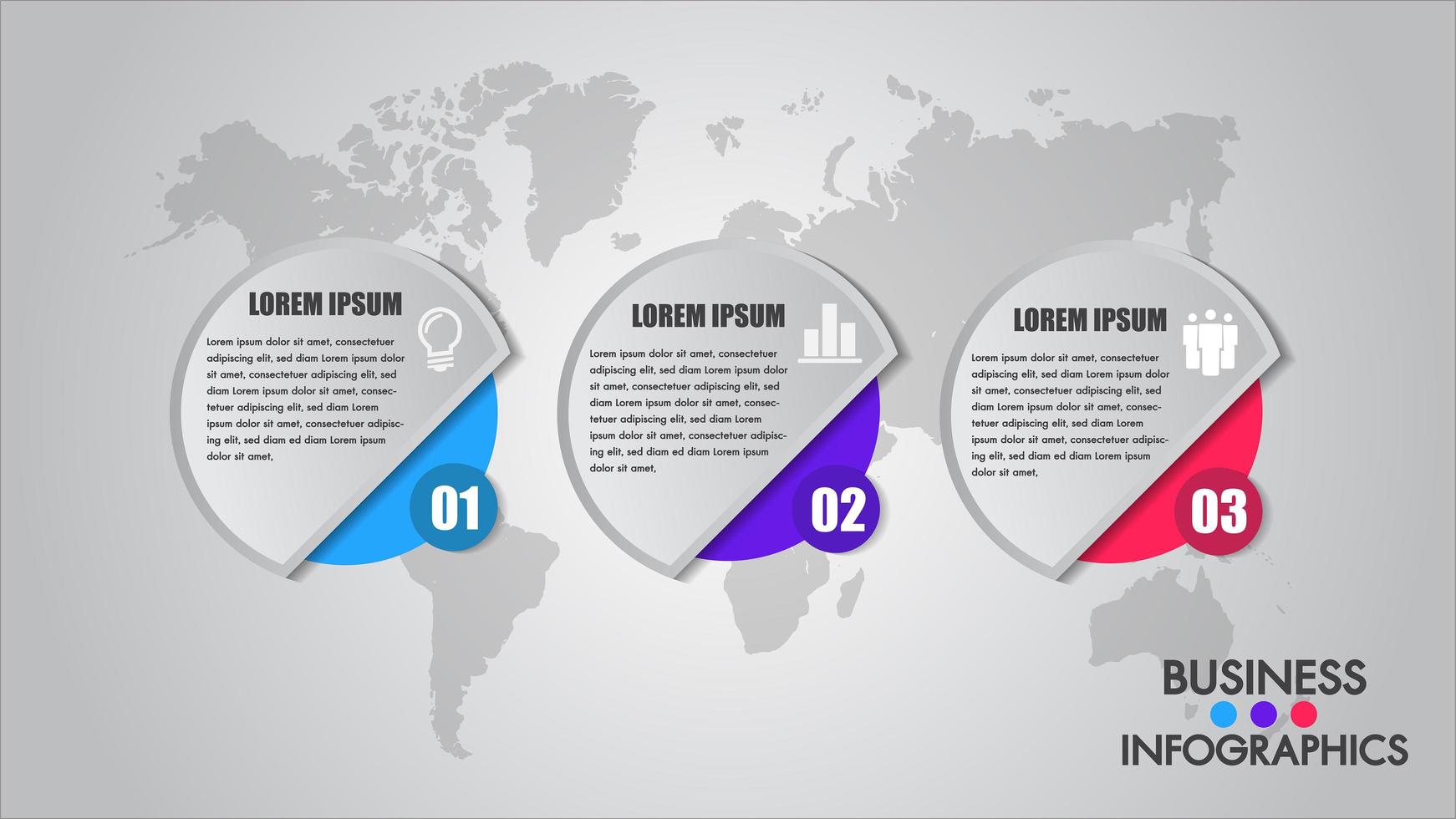 Business Infographic Timeline with 3 circle options, world map vector