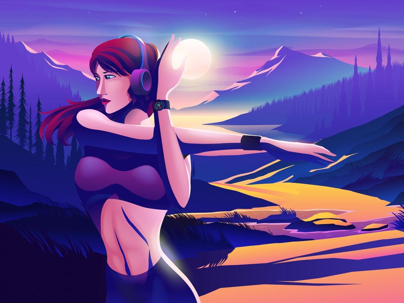 Female runner stretching surrounded by beautiful scenery vector