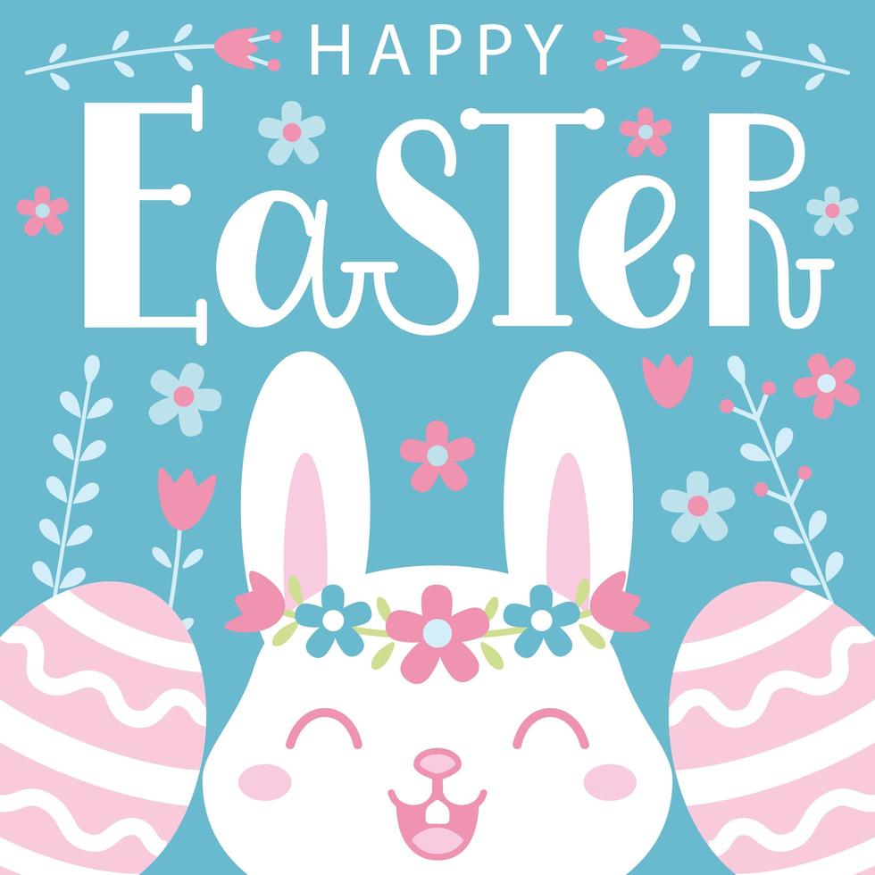 Easter card with a cute bunny, patterned eggs and lettering. vector