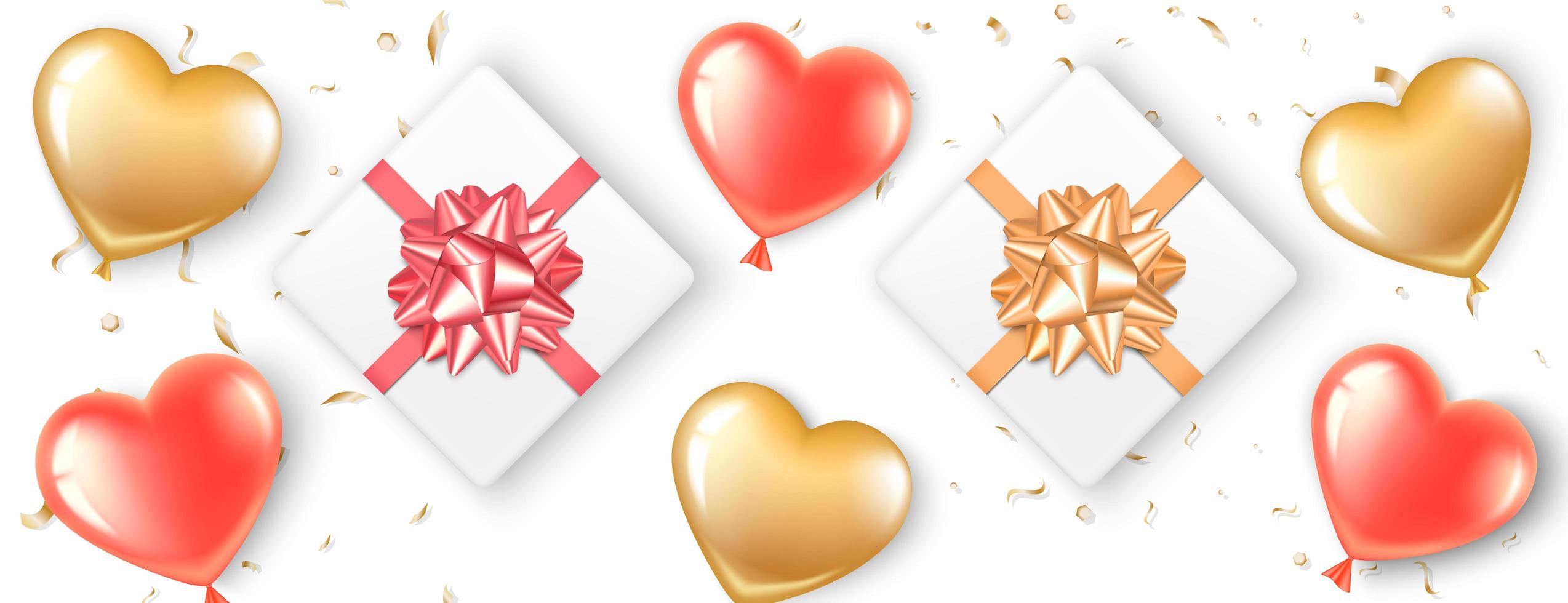 Banner con globos de corazón y regalos vector