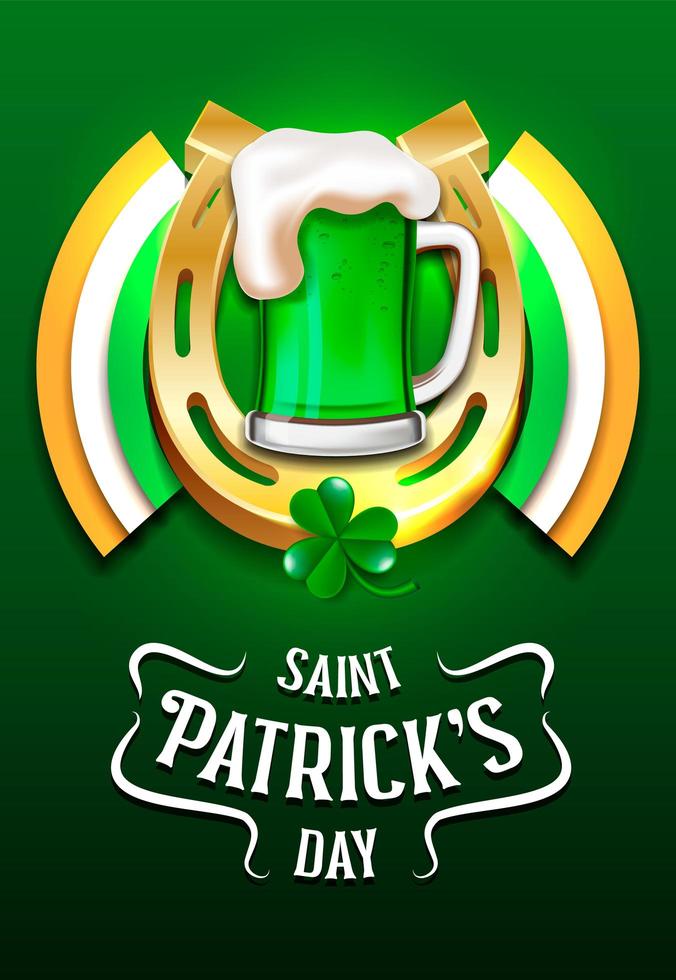 Feliz plantilla del día de San Patricio con cerveza y herradura vector