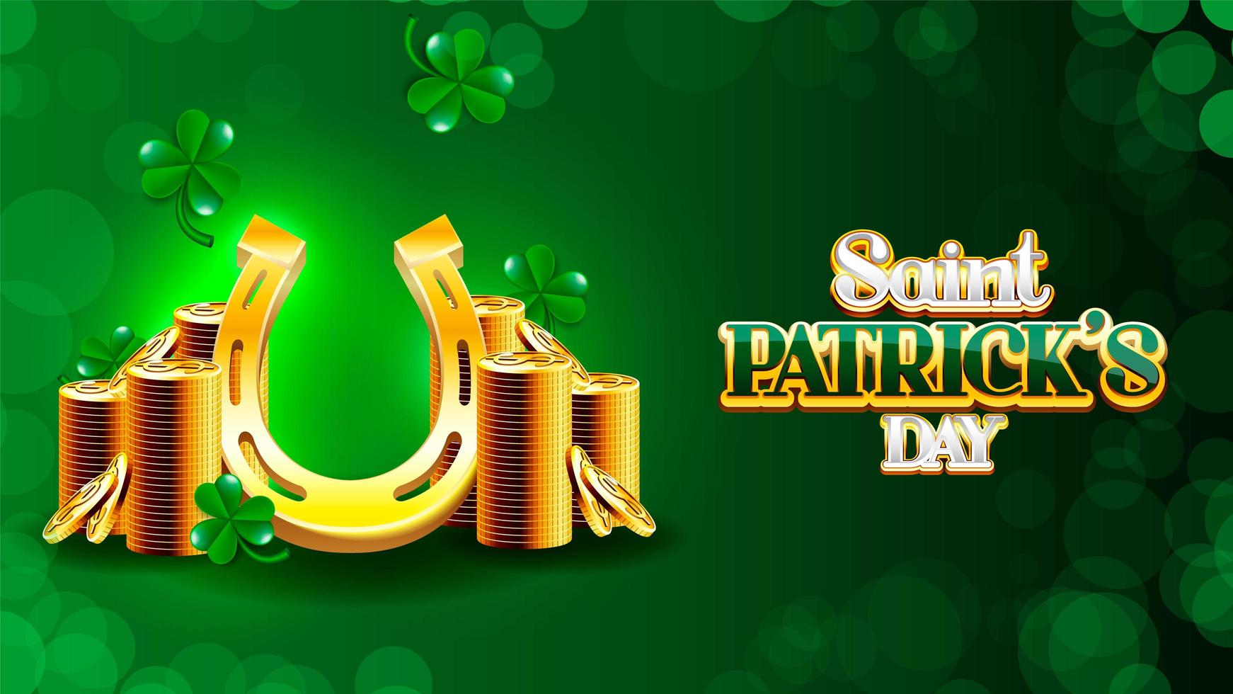 St. Patrick's Day poster with horseshoe and stacks of coins vector