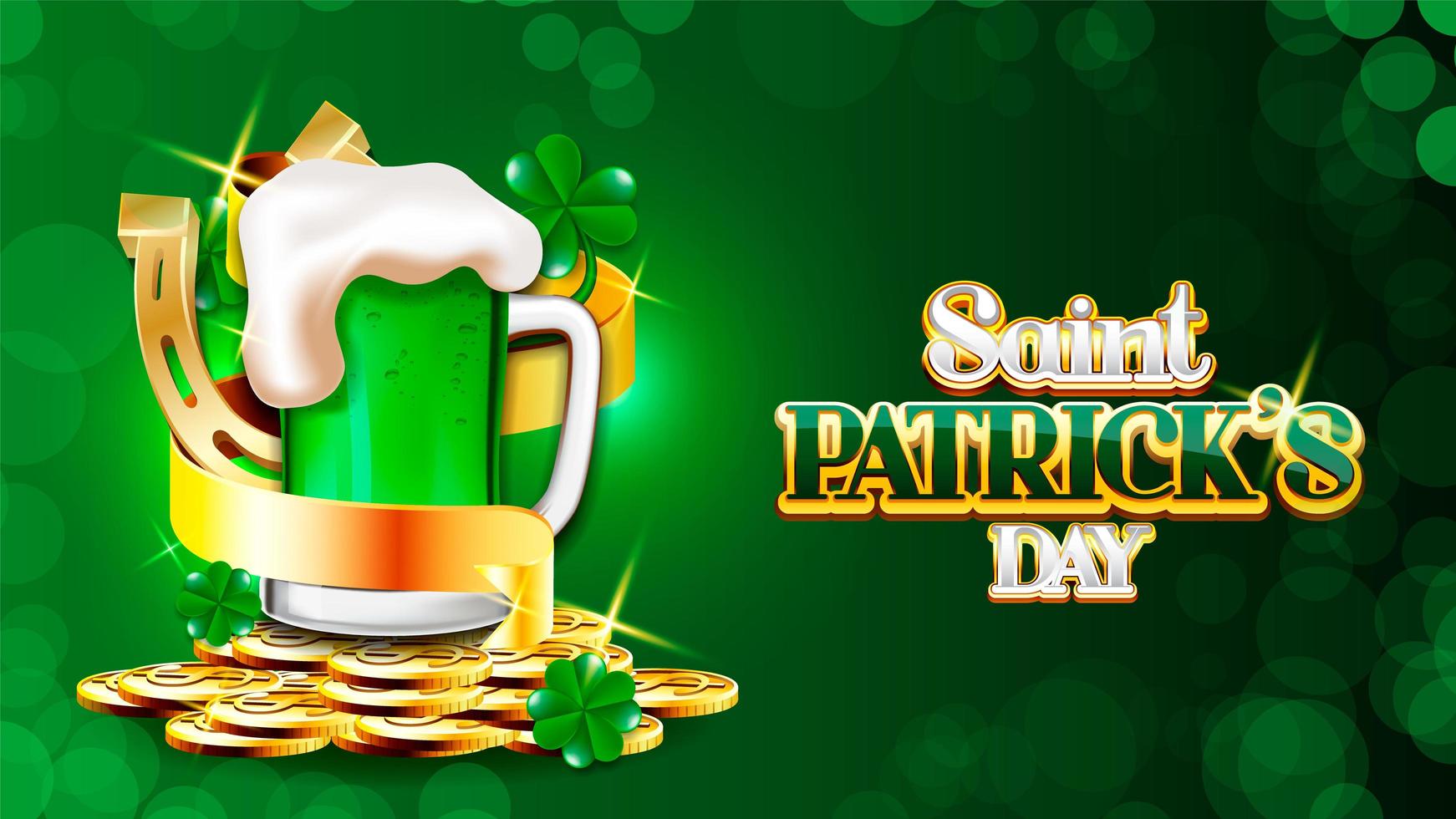 Saint Patrick's day poster with ribbon and green beer vector