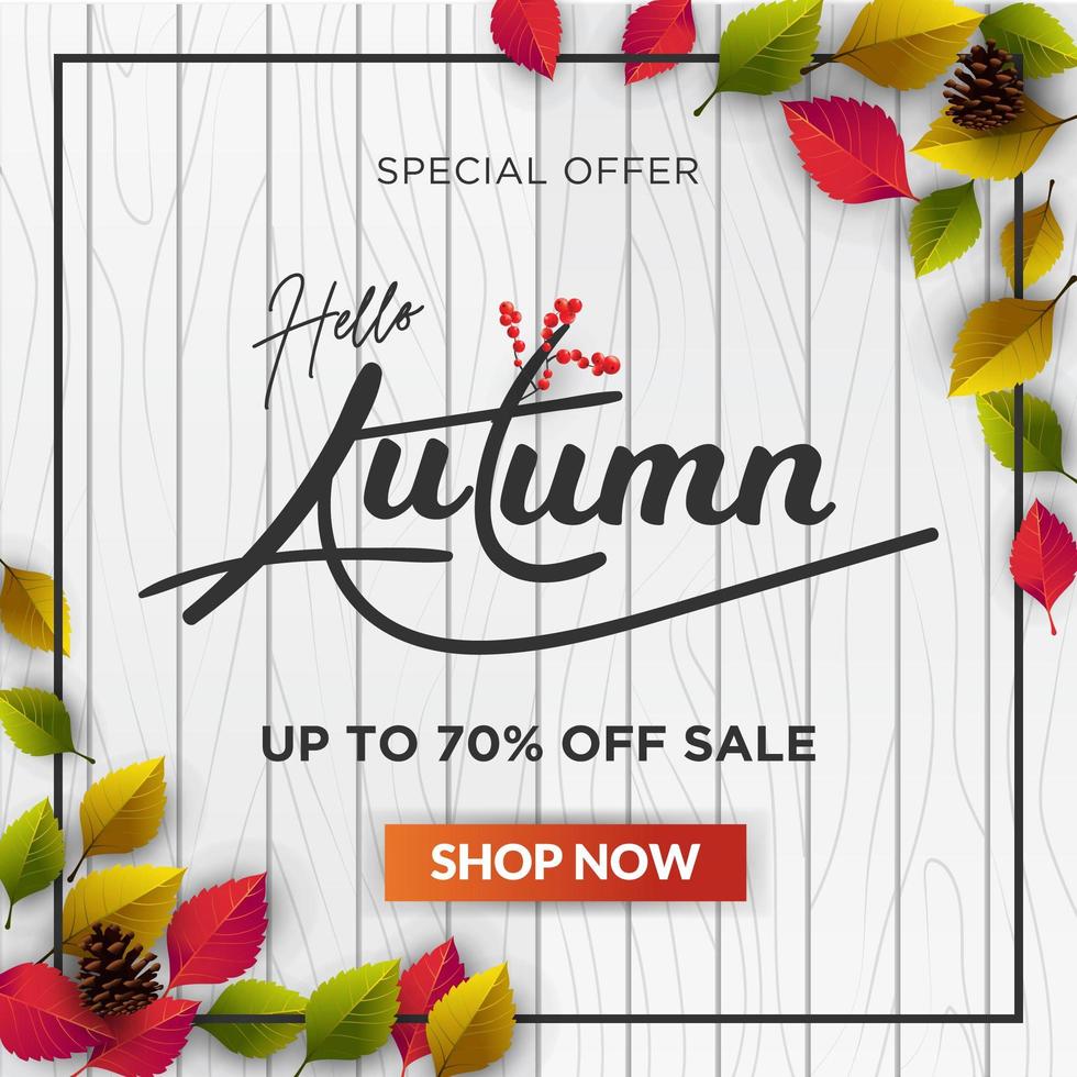 Autumn web template with leaves on wooden background vector