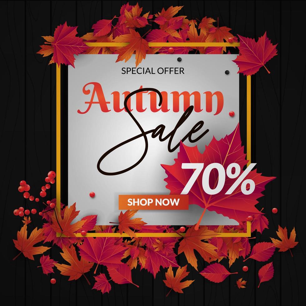 Banner de venta otoño con hojas de otoño, marco dorado y copyspace blanco vector