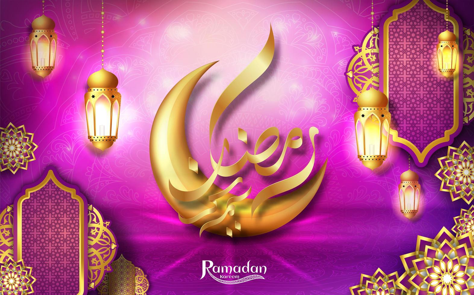 Diseño de tarjeta de felicitación rosa de Ramadan Kareem con luna dorada y linternas vector