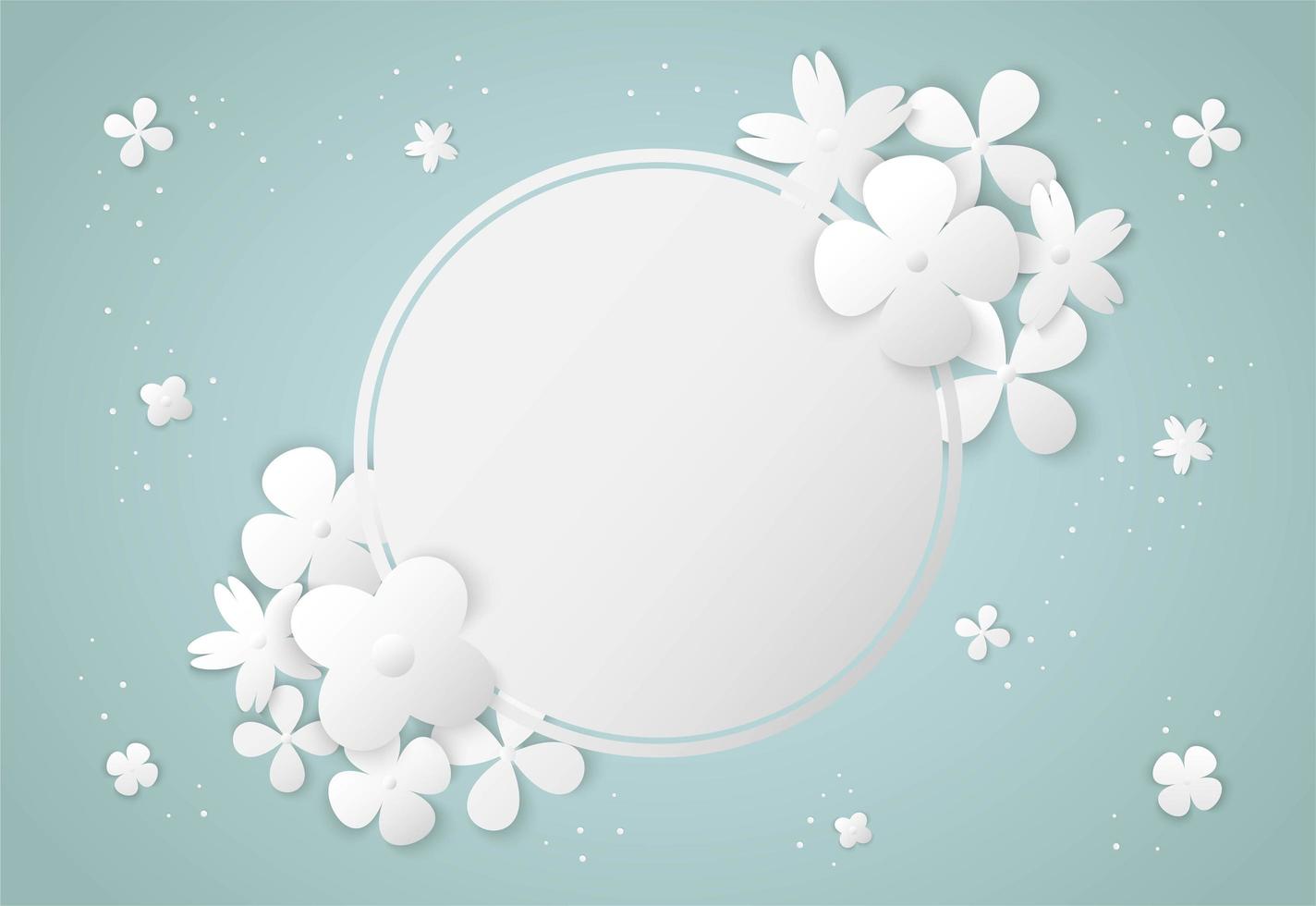 White flowers paper art and circle frame vector