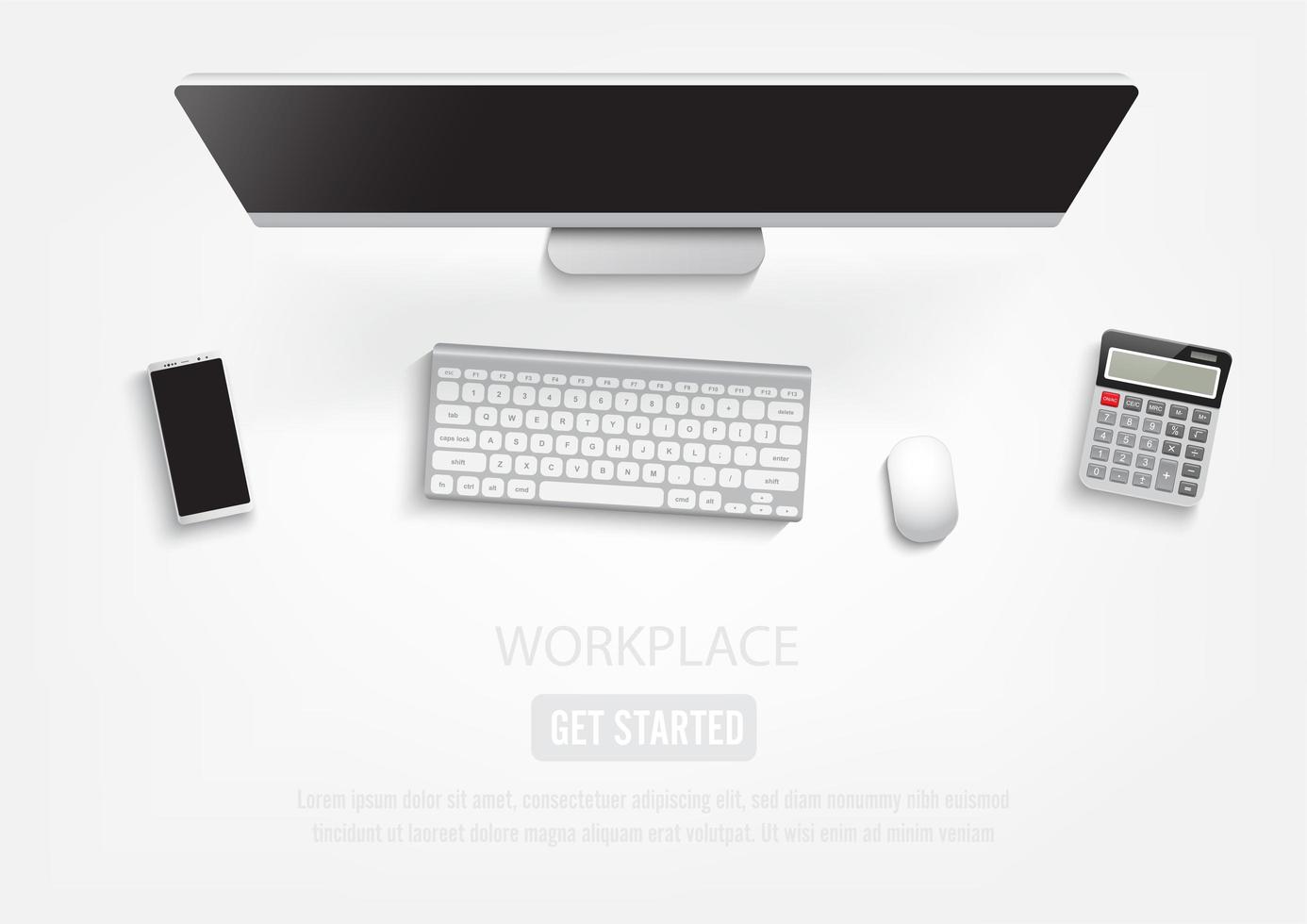 Top view desk with computer, keyboard, smartphone and calculator vector