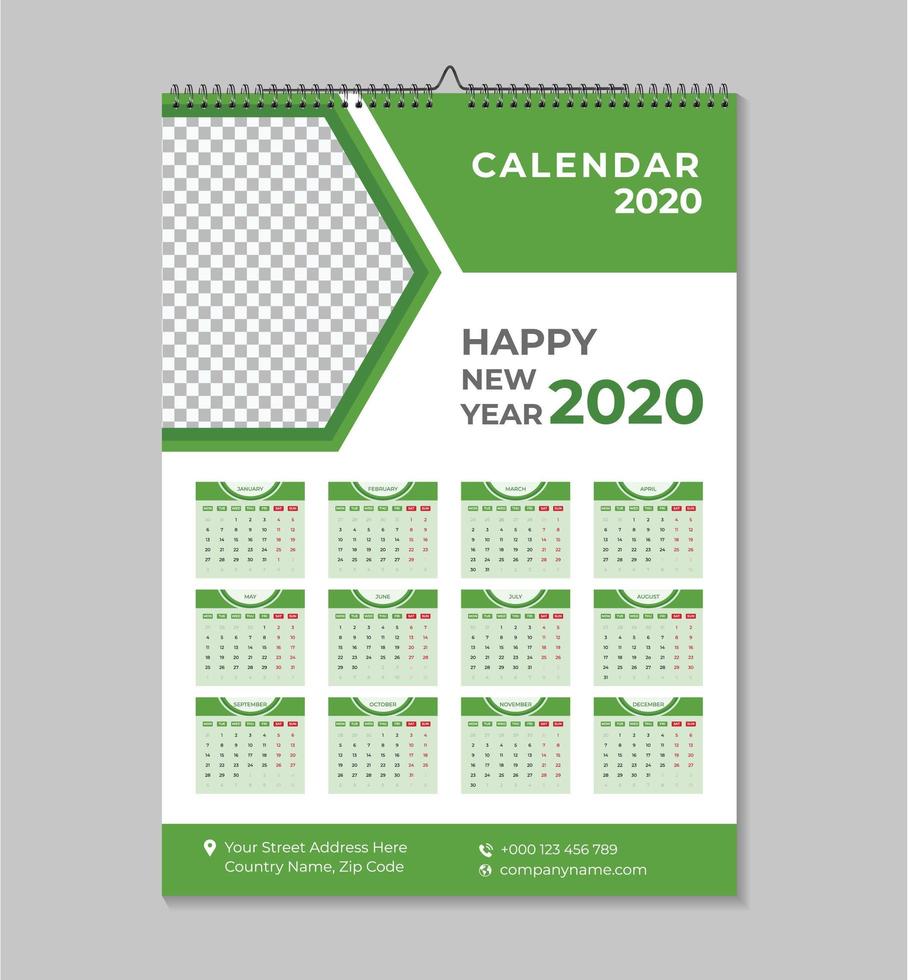  One page new year 2020 wall calendar template vector